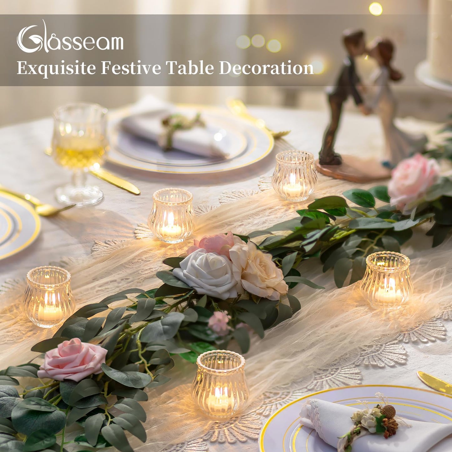 Glasseam Glass Tealight Candle Holder: 12 Pcs Ribbed Clear Votive Candle Holders Bulk for Wedding Centerpiece Christmas Table Decorations Party