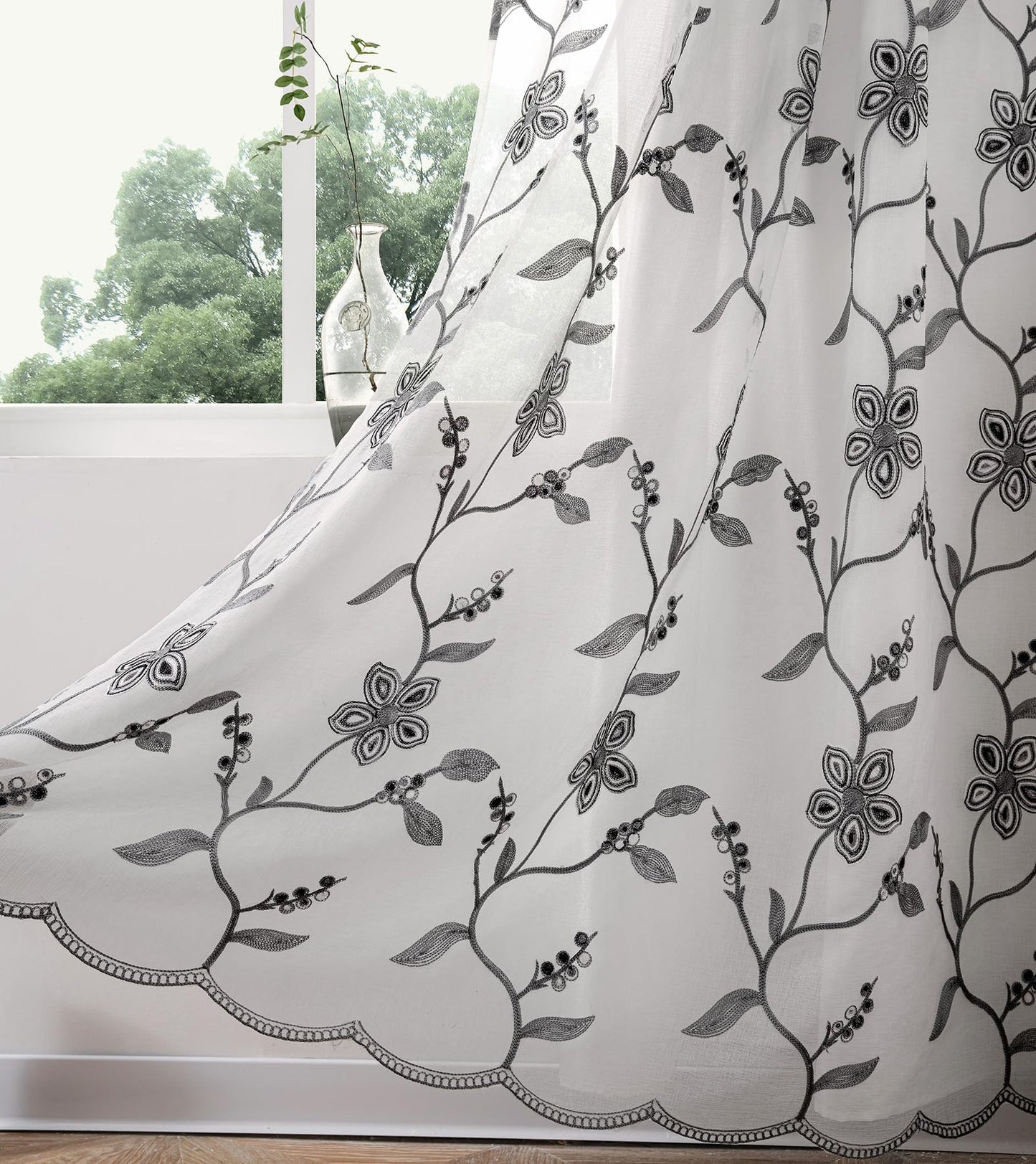 Petrichor Embroidered Sheer Curtain 2 Panels Set - Luxury Window Curtain Attached Valance with Satin Backing and 2 Tie Backs for Living Room,Dining Room, 54x84 inches, Gray