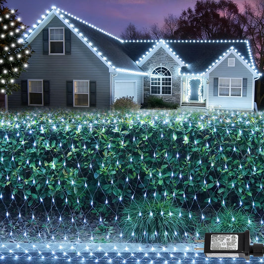 QITONG Net Lights Outdoor Mesh Lights, 12ft x 5ft 360 LED White Christmas Light with 8 Modes, Connectable Clear Wire Bush Light Plug in