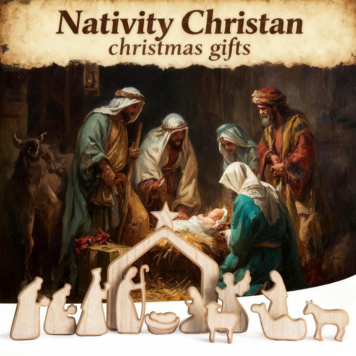 NEROSUN Nativity Scene Set, 13Pcs Wooden Christmas Nativity Scene Miniature Holy Family Figurines, Minimalism Boho Tabletop Christmas Manger Decorations for Christan Indoor Home Mantel Display