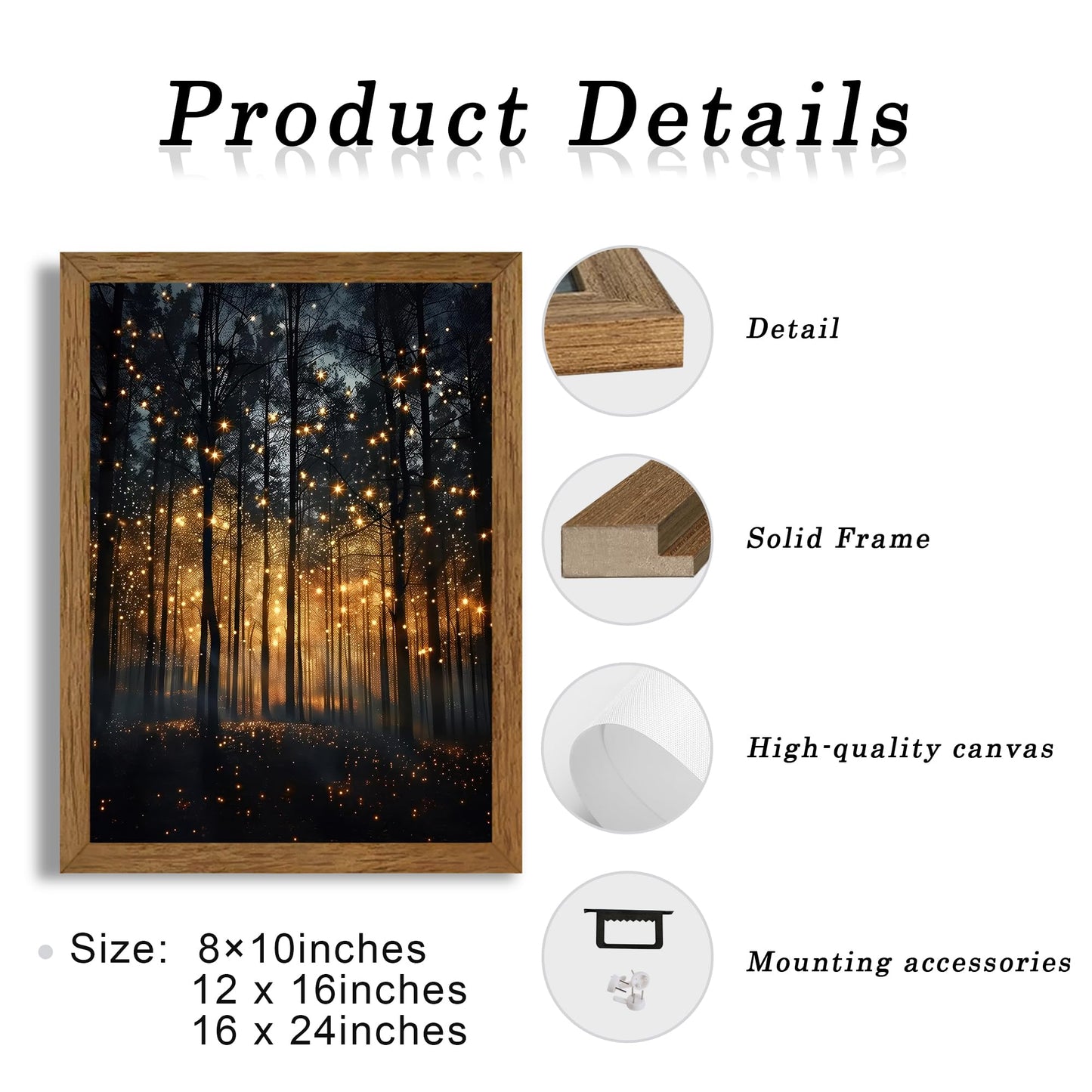 JLTULT Framed Enchanted Forest Firefly Canvas Wall Art, Dark Twilight Landscape Wall Decor, Rustic Botanical Nature Tree Art Prints for Bedroom Living Room Office Decoration 8x10 inch Easy to Hang