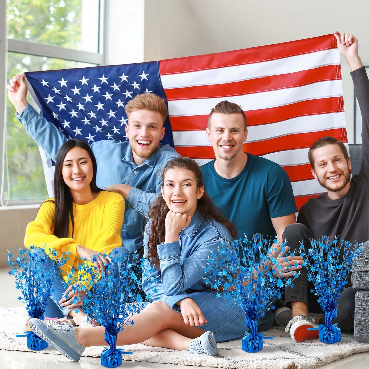 Crowye 6 Pcs Metallic Foil Spray Centerpiece Party Star Decoration Table Decor for Birthday Wedding Graduation Bachelorette Spring Party Holiday(Blue,Small Star)