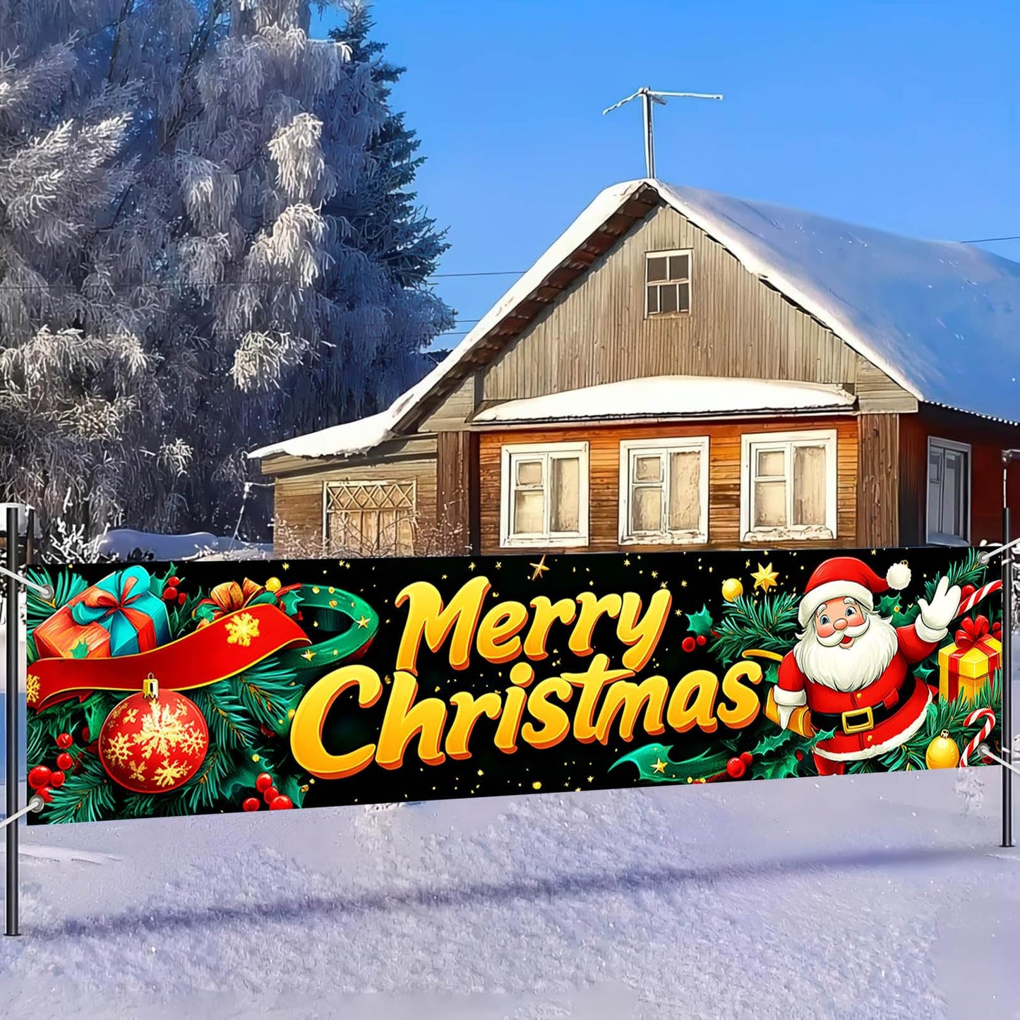 BlissYard Merry Christmas Banner Santa Gift Ribbon Decor Backdrop 78x17 Inches Festive Holiday Party Wall Decor Outdoor Indoor Welcome Banner Wall Hanging for Party Decoration Supplies