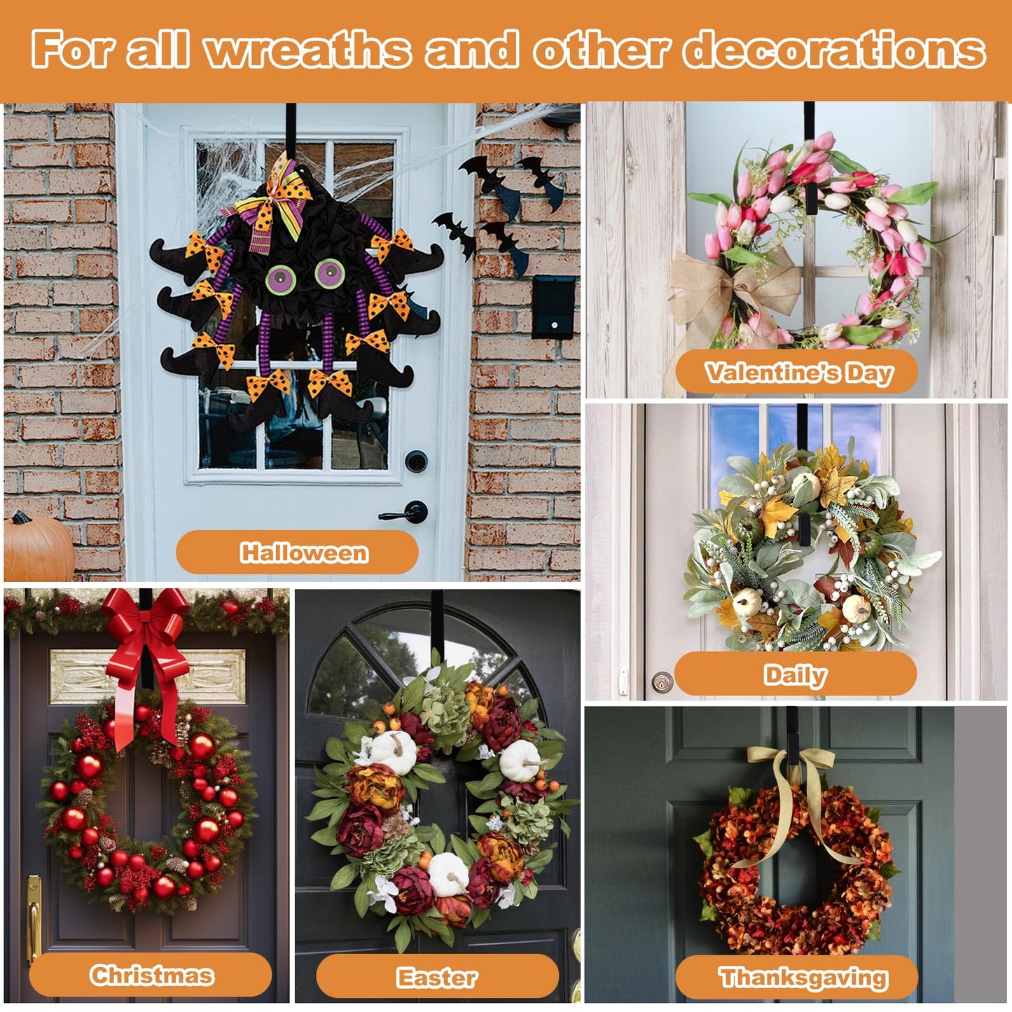 PECULA 2 Pack 14' Wreath Hangers for Front Door, Wreath Hanger 40lb Load-Bearing, Metal Wreath Hanger for Welcome Sign, Door Decorations (Black)
