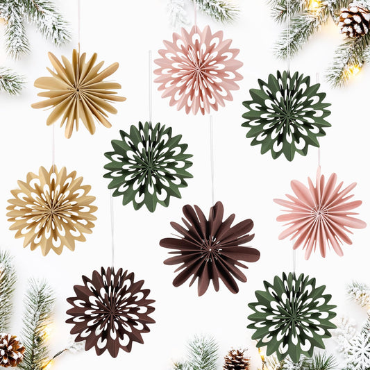 EASY JOY 9Pcs Christmas Hanging Decorations - 3D Paper Christmas Tree Hanging Decor Pink Green Brown Snowflake Ornaments Christmas Decorations Outdoor Indoor for Xmas Party,Boho Home,Window Door Decor