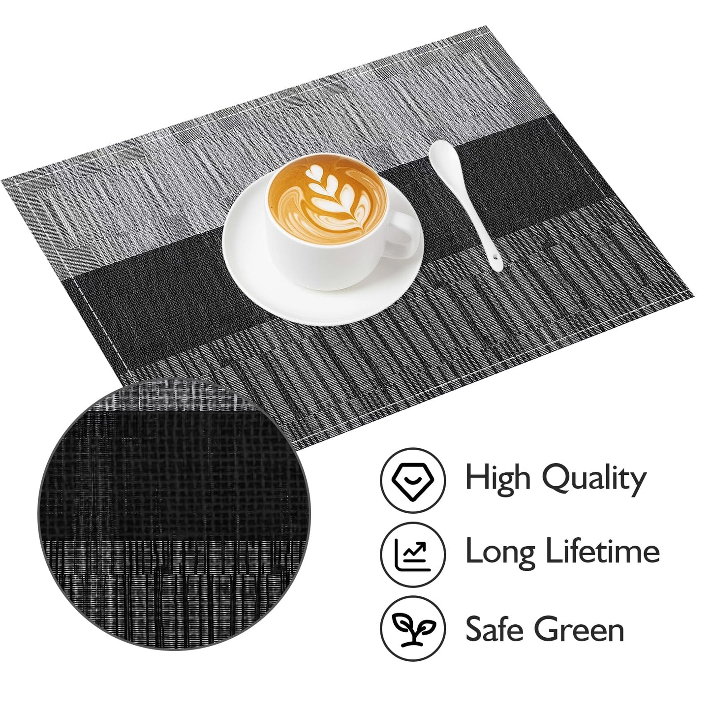 Niviy Black Placemats Set of 4, 12x18 Inch Washable Easy to Clean Heat-Resistant Anti-Skid Indoor Outdoor Table Mats for Holiday Party Kitchen Dining Room Decoration