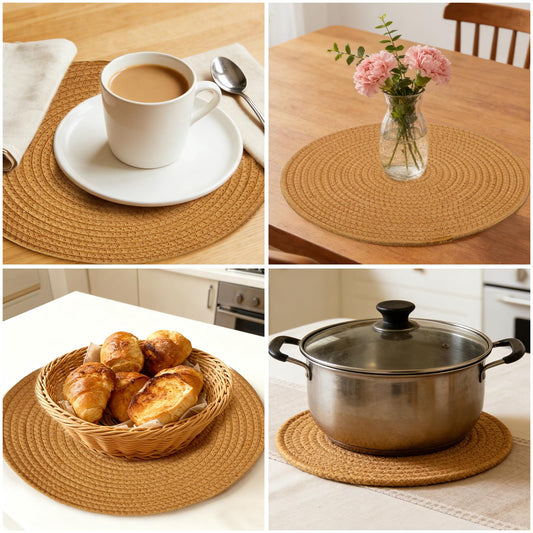 Round Placemats Set of 4, 13.8 Inch 100% Cotton Rope Woven Place Mats, Heat Resistant Washable Boho Farmhouse Table Mats, Non-Slip Absorbent Dining Table Mats for Kitchen Decor