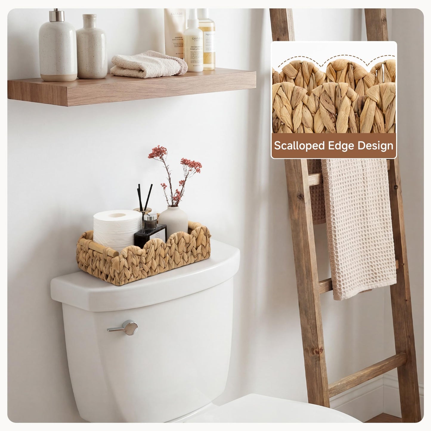 StorageWorks Toilet Paper Basket 2 Pack, Back of Toilet Basket with Wooden Handles, Small Wicker Decorative Scalloped Baskets for Organizing, Living Room Storage, Natural Water Hyacinth