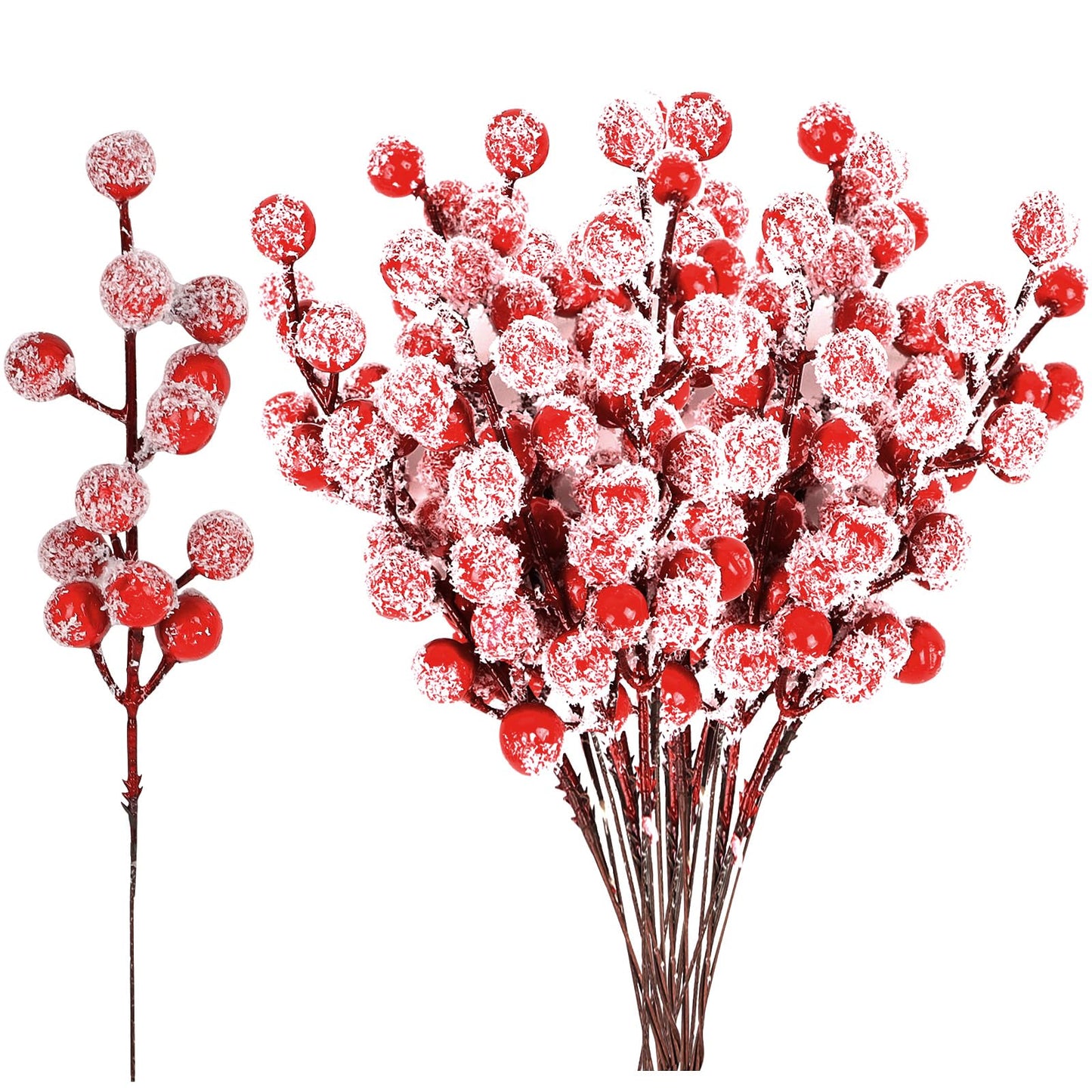 FOIMAS Snow Frosted Artificial Red Berry Stems,24 Pack Christmas Berry Spray Picks Holly Berries Branches for Christmas Tree DIY Craft Home Decoration