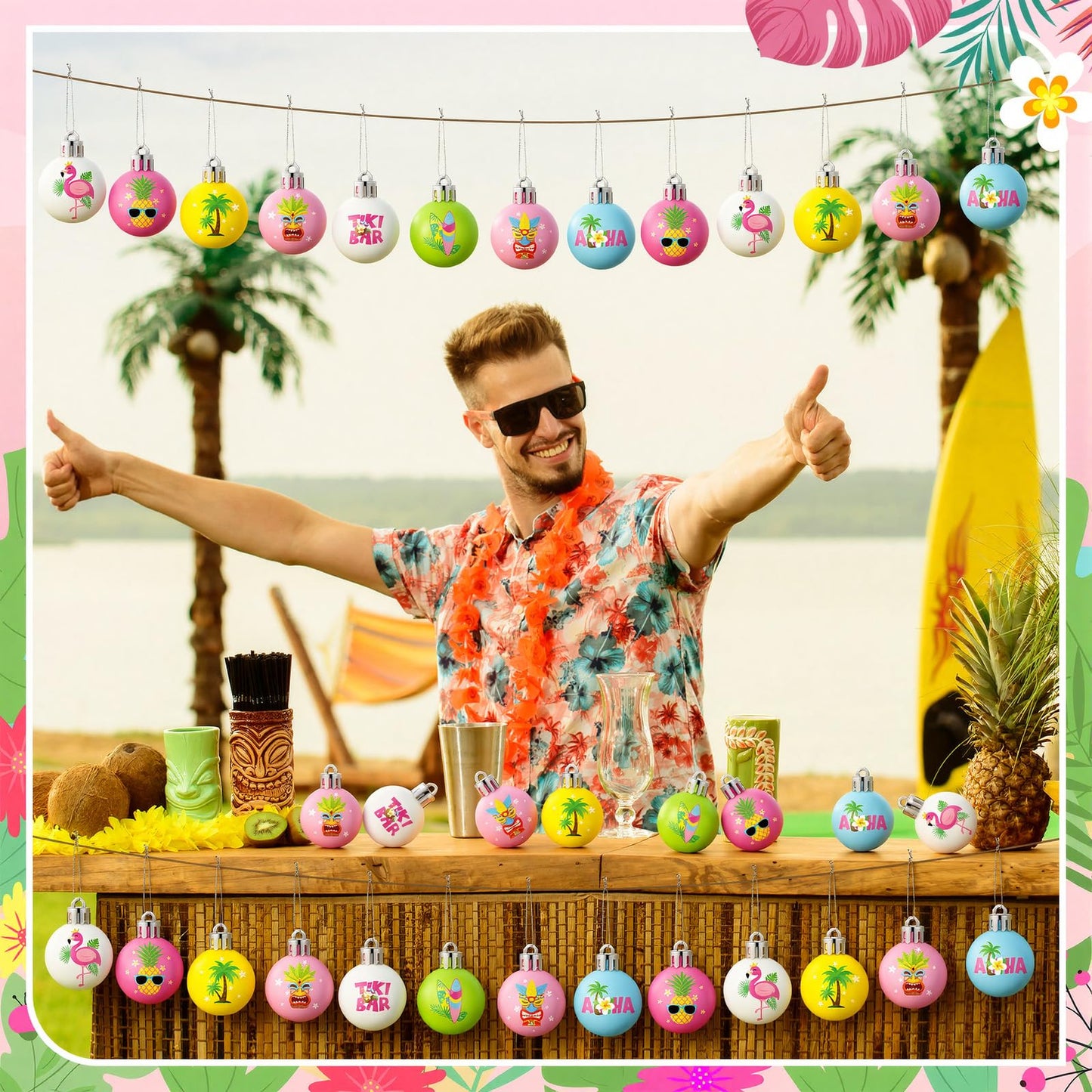 HyDren 40 Pcs Mini Summer Tree Ornaments Tropical Luau Ornaments 1.2 Inch Tiki Bar Mini Tree Decorations Pastel Flamingo Surboard Pineapple Palm Beach Tropical Ball Decorations for Holiday Party