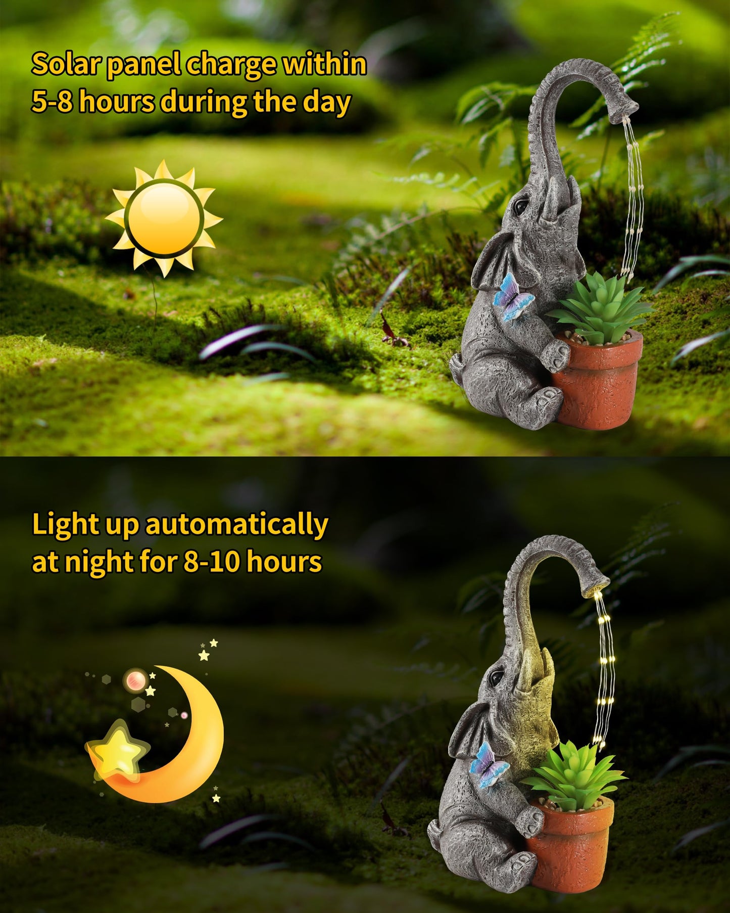 iStatue Solar Elephant Figurine with Succulent Plant Pot - 11'' Hand-Painted Lifelike Resin Lawn Ornaments Statue for Yard Art Garden Decor Gifts (Elephant)