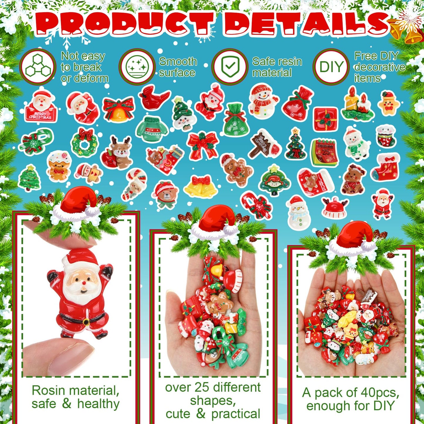 Giegxin 40 Pcs Christmas Resin Charm Kawaii Red Cardinal Candy Canes Santa Claus Flat Back Cabochon Accessories Cute Embellishments Bulk for Christmas Decor Jewelry Cellphone Case Scrapbooking DIY