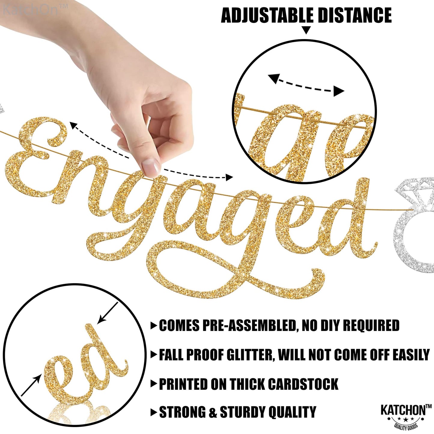 KatchOn, Pre-Strung Gold and Silver Glitter Engaged Banner - 2 String, 10 Feet, No DIY | Engagement Party Decorations | Banner for Bachelorette Party Decorations, Engagement Decorations, She Said Yes Decorations