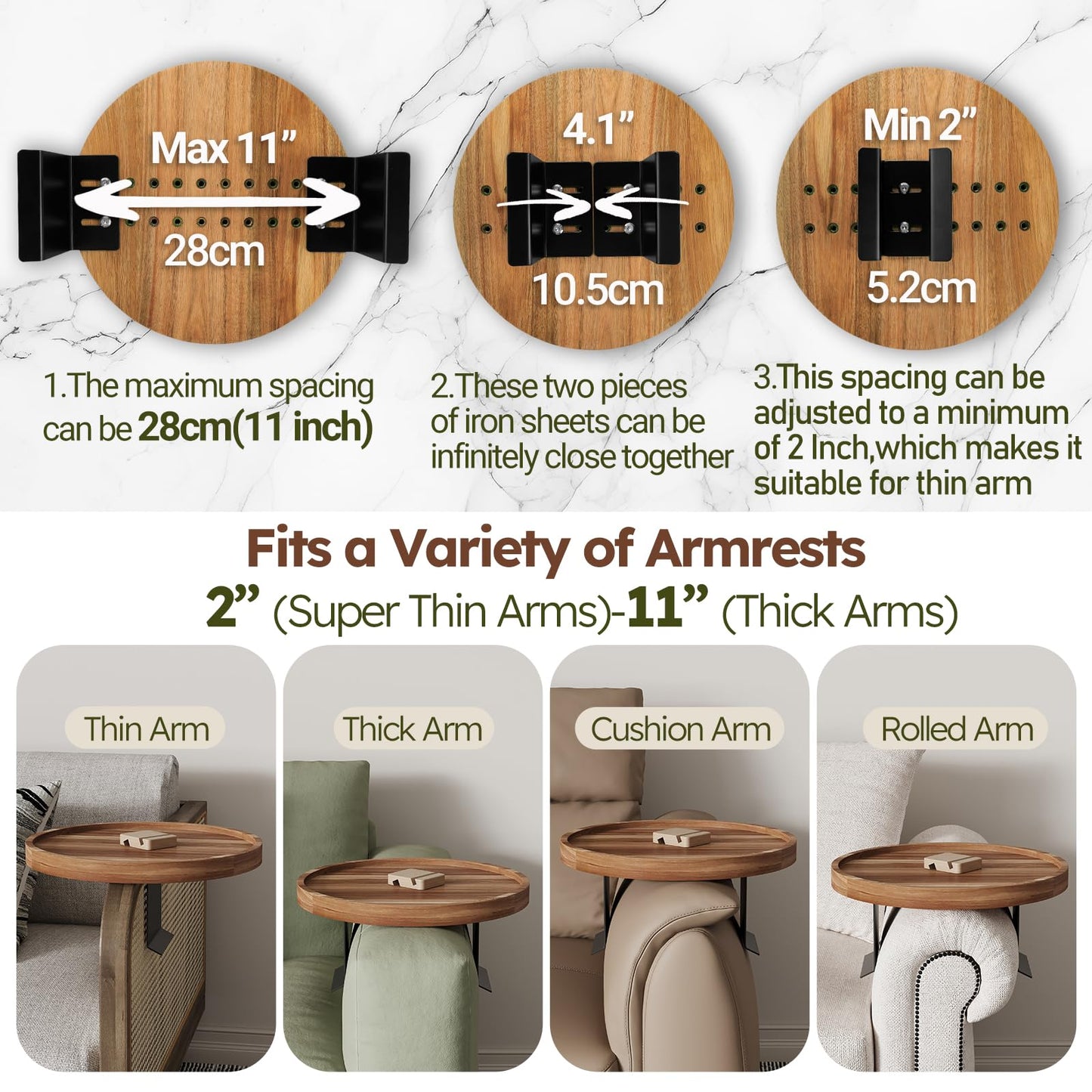 Semjar Acacia Wood Couch Arm Tray Table,Anti-Slip Adjustable Round Sofa Arm Tray,Wooden Armrest Caddy Table for Couches,Arm Chair Companion for Drinks Cellphone TV Remote Snacks
