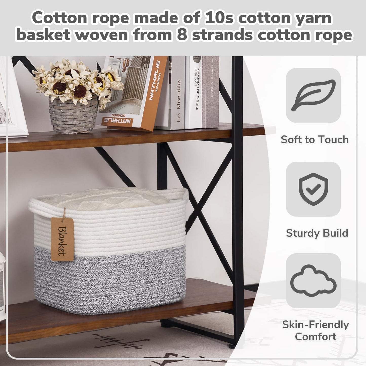 Goodpick Woven Storage Basket, Small Laundry Basket for Clothes, Towels and Shoes, Rope Square Gift Organizer with Handles, Gray and White, 13 x 10 x 9 Inches