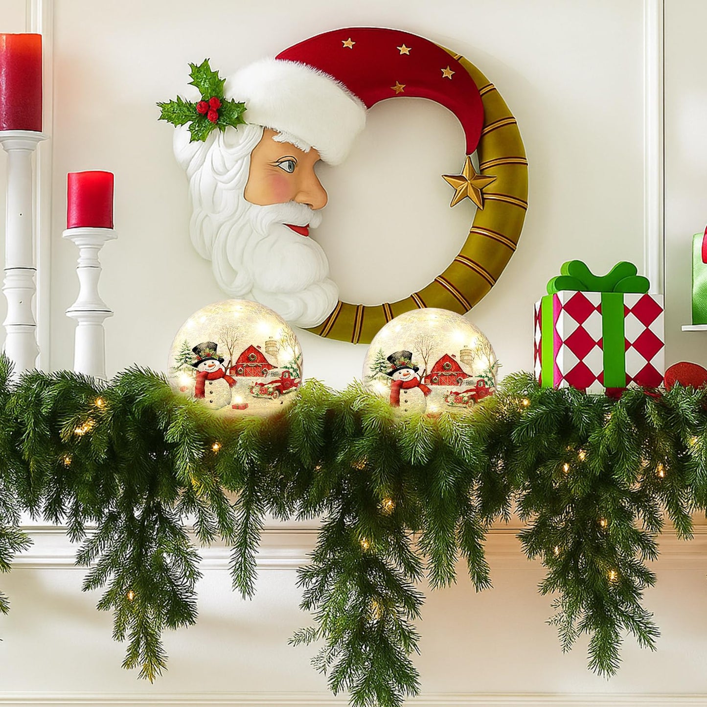 Tujoe 2 Pcs Christmas Decorations Indoor Snowman Crackle Glass Globe 4" Ball Lamp Night Lights with LED Timer Battery Operated Lighted Christmas Table Decorations for Home Centerpiece Party Gift