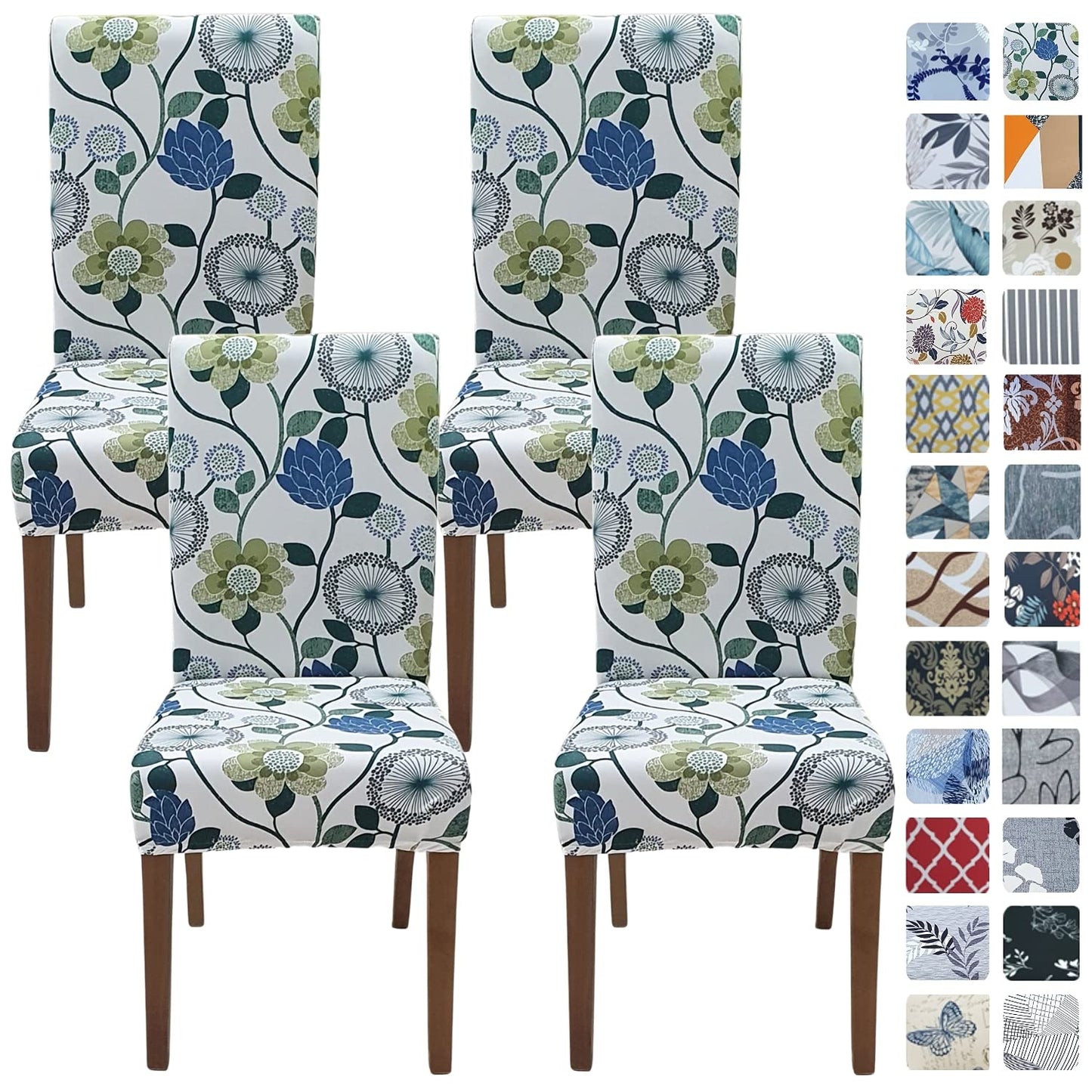 SPRINGRICO White Chair Covers for Dining Room Set of 4, Stretch Floral Dining Chair Cover, Washable Spandex Kitchen Parsons Chair Slipcovers, Seat Protector for Home or Party (4 Pack, FLORAL3)