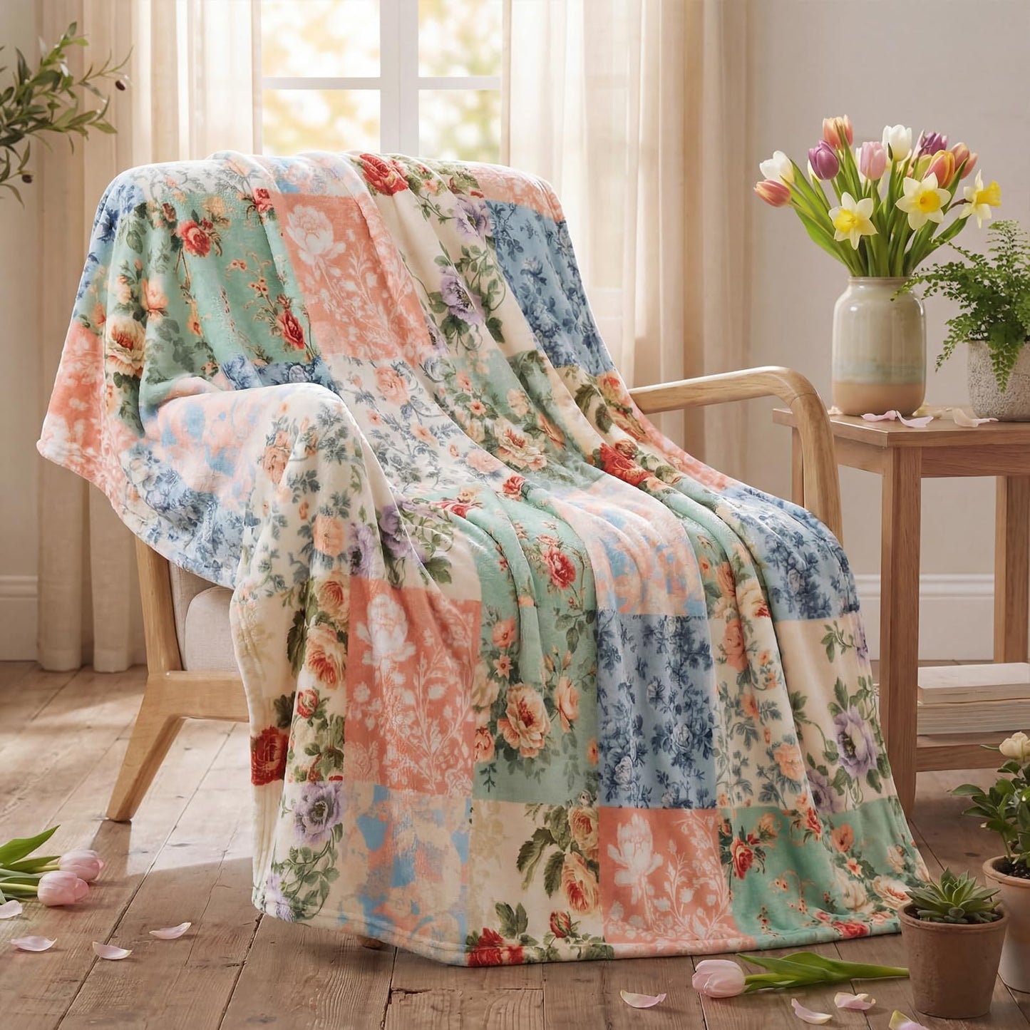 Hahafelt Boho Pastel Floral Throw Blanket Ultra Soft Fleece Patchwork Blanket for Couch and Bed Holiday Theme Cozy Throw Decoration Warm Gift for Spring Summer, 50 x 60 Inches