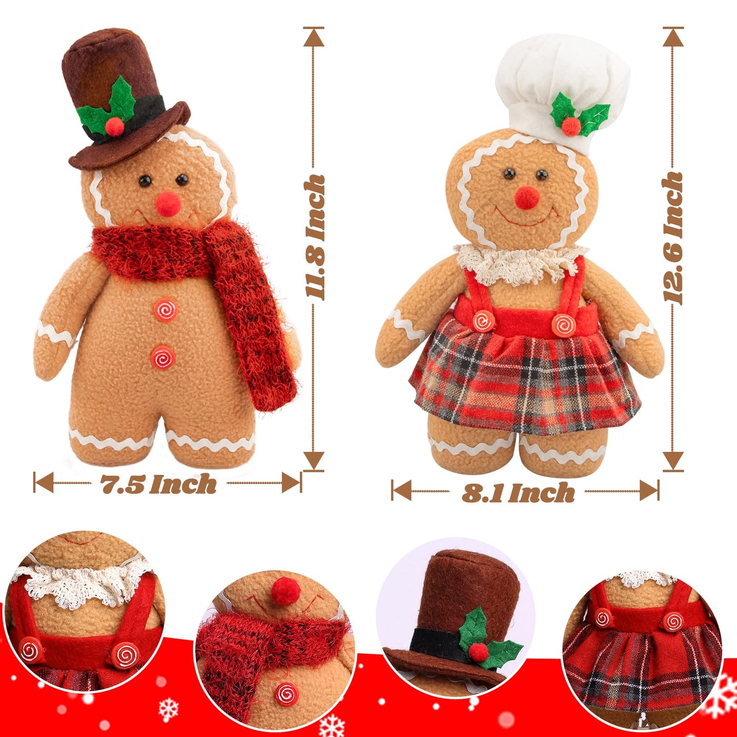 Christmas Decorations Indoor 12.6 inch Gingerbread Plush Ornaments Gingerbread Man Stuffed Animal Christmas Decor Gift for Kids Girls (Set of 2)