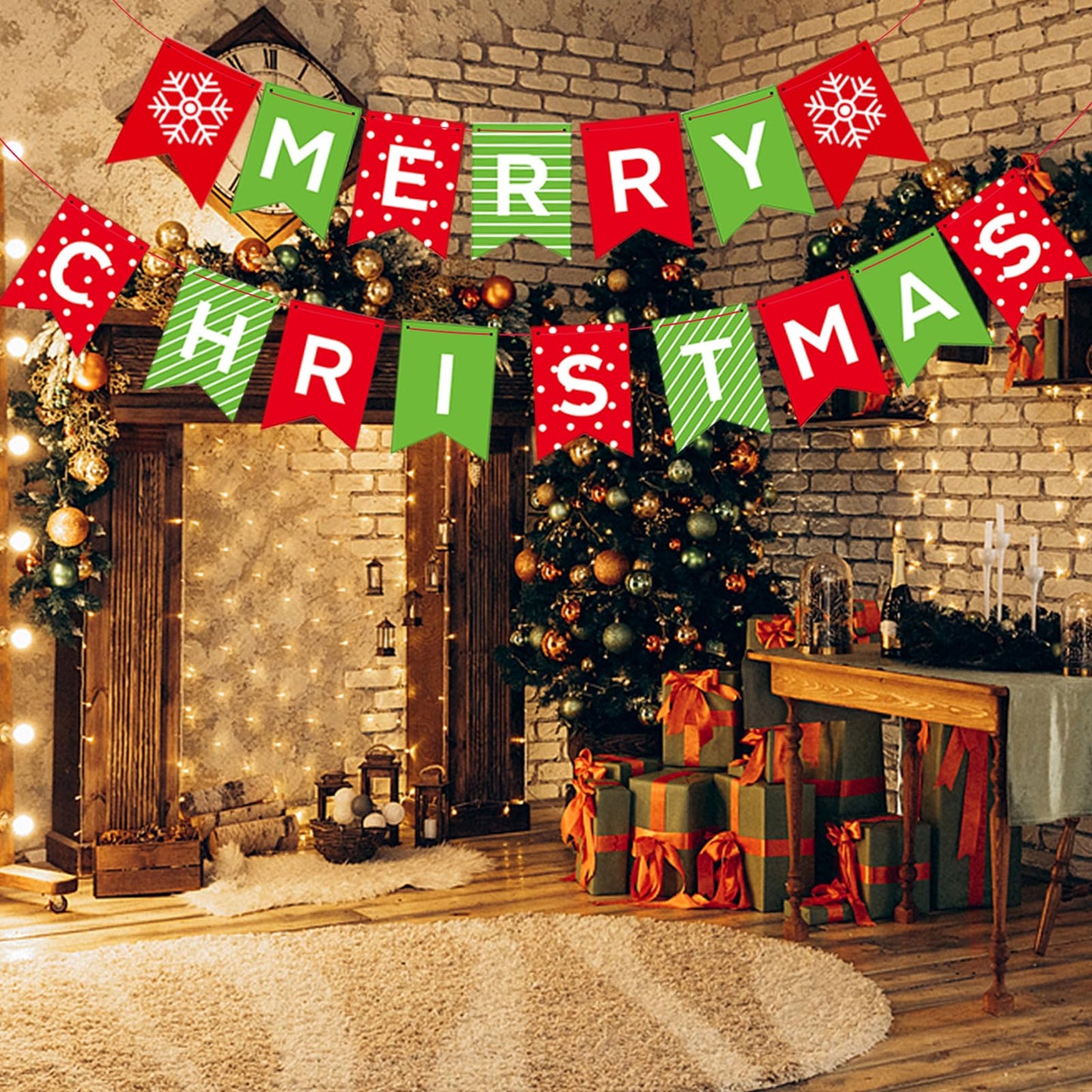 Merry Christmas Banner - Premium Heavyweight Paper Holiday Sign with String & Threading Needle for Indoor Fireplace, Wall, Windows | Traditional Festive Decor (Merry & Bright) (double-sided)