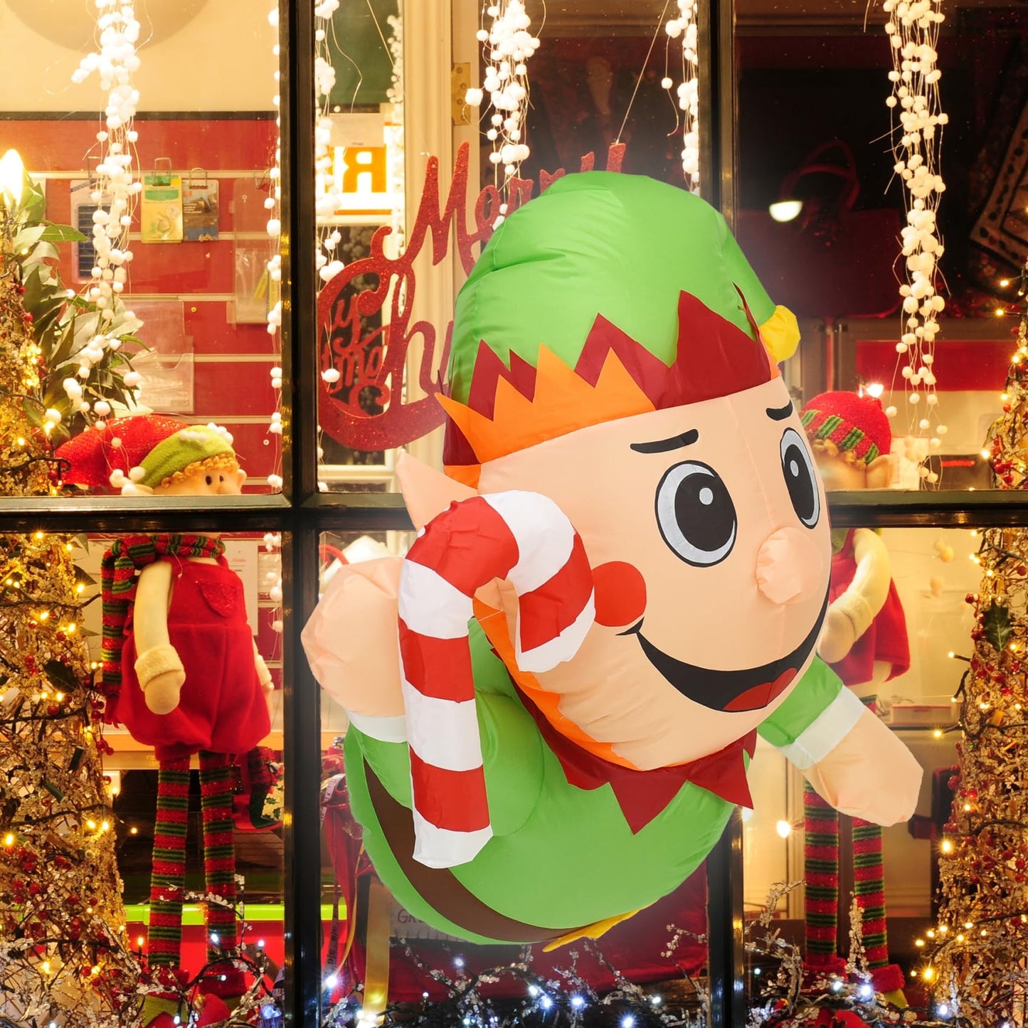 DearSun 3.0FT Christmas Inflatable Elf Boy with Build-in LED Lights Broke Out from Window, Blow up Christmas Inflatable Outdoor Indoor Decorations Cute Party Yard Decoration (Elf Boy Broke Window)