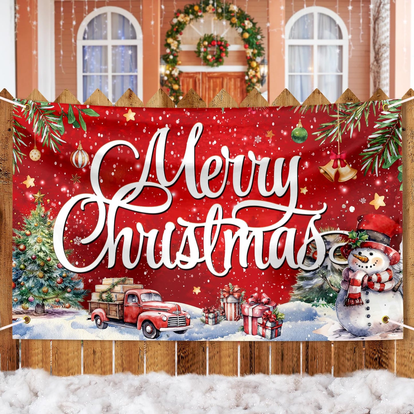 Large Christmas Banner Decorations Red Flag Outdoor 72x44 Inch, Merry Christmas Gifts for Indoor Home House Decor Party Supplies, Yard Sign Background for Photography