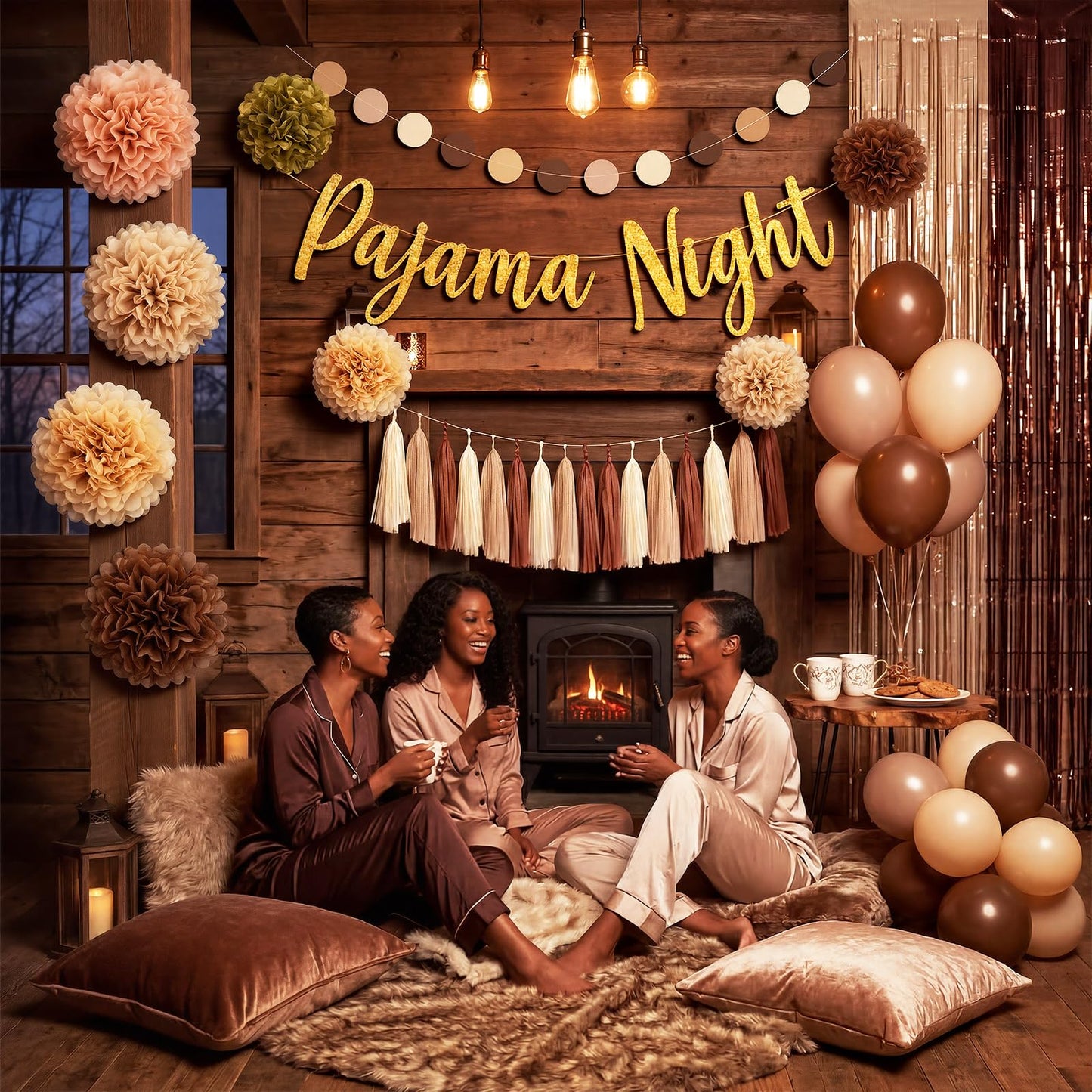 Riceshoot 41 Pcs Brown and Beige Pajama Night Party Decoration Kit Include Pajama Night Banner Paper Pom Poms Tassel Garland Circle Dot Banner Balloons for Gathering Brown Party Decoration Supplies