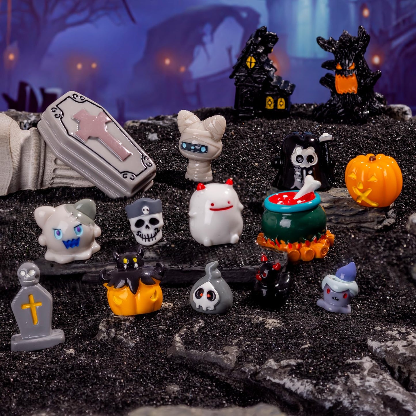 Teenzee 44P Mini Halloween Figurines Tiny Figures Resin Miniature Little Small Figurines Bulk for Micro Fairy Garden Landscape Accessories Hide Crafts Decor