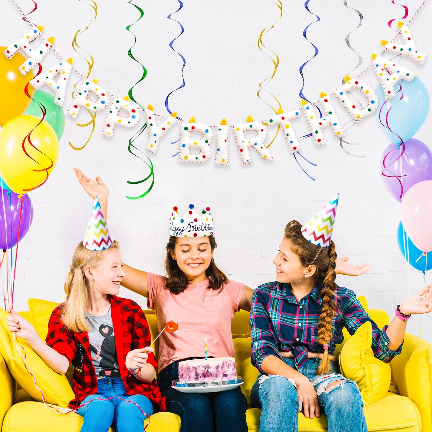 Pre-Strung Happy Birthday Banner Handmade Wool Felt HAPPY BIRTHDAY Garland, Reusable Rainbow Party Decorations,Personalized Holiday Sign for Kids Birthday Party Decor,Photo Prop (Confetti Dots Banner)