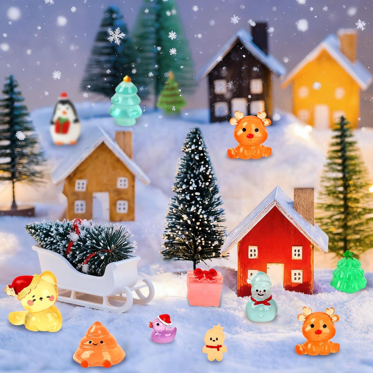 Jansun Mini Christmas Luminous Figurines, 45pcs Christmas Resin Snowman Christmas Tree Gift Box Gingerbread Man Glow in The Dark Decorations for DIY Crafts Xmas Party Gifts Garden Dollhouse Decor