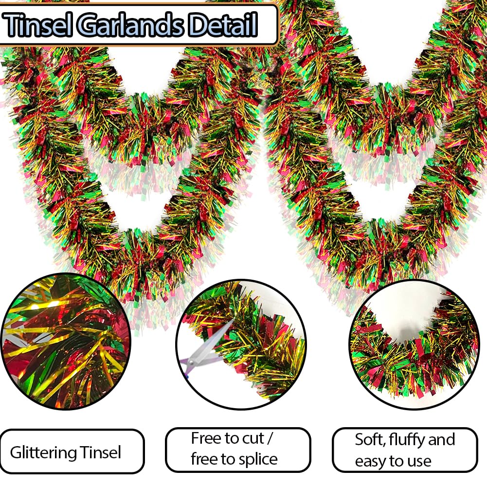 Christmas Tinsel Garland - 33 Ft Shiny Metallic Tree Winter Xmas Garland Glitter Tinsel Hanging Twist Hanging Decorations for Christmas Party Holiday Supplies （Gold Red Green）