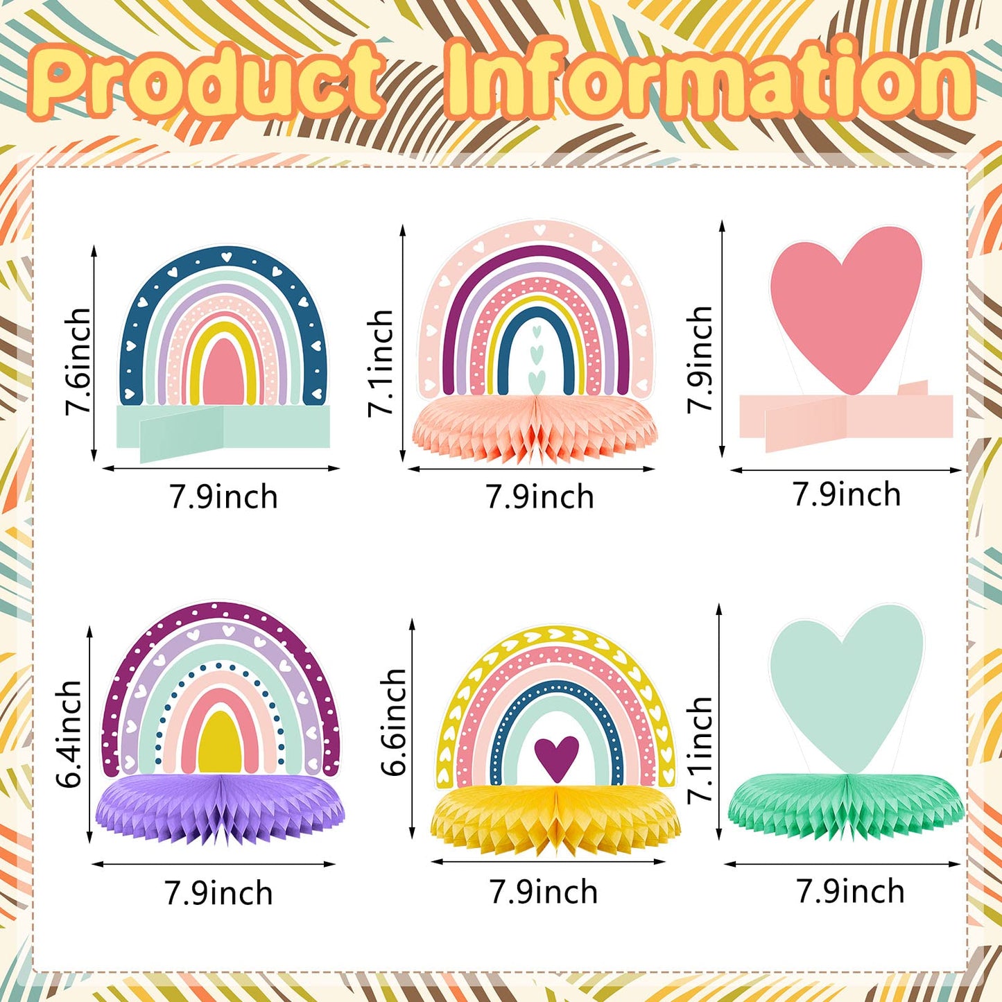 Marspark 10 Pcs Rainbow Honeycomb Centerpiece Rainbow Teamed Easter Birthday Party Table Decoration Supplies Pastel Table Sign Boho Decor Heart Paper Centerpiece for Baby Shower Wedding Decor
