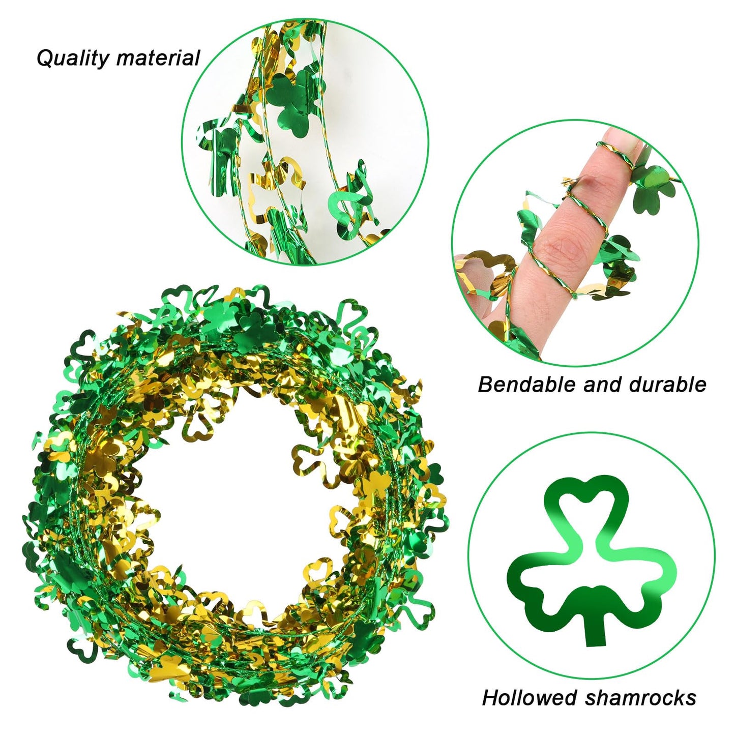 LOAVER 75 Ft St. Patrick's Day Shamrock Wire Wreath Tinsel Garland,3 Rolls Hollowed Metallic Twist Garland Irish Festive Clover Wreath for St. Patrick's Day Party Wall Crafts Decoration(Green & Gold)