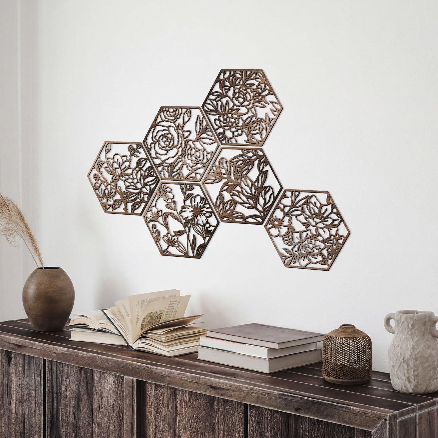 BreezeHug 6 Pcs Flowers Wooden Wall Art Decor Hexagon Hollowing out Boho Flower Sculpture Sign Ornament Modern Wooden Wall Art Decoration Hanging Set for Living Room Bedroom Farmhouse (11"x 10")