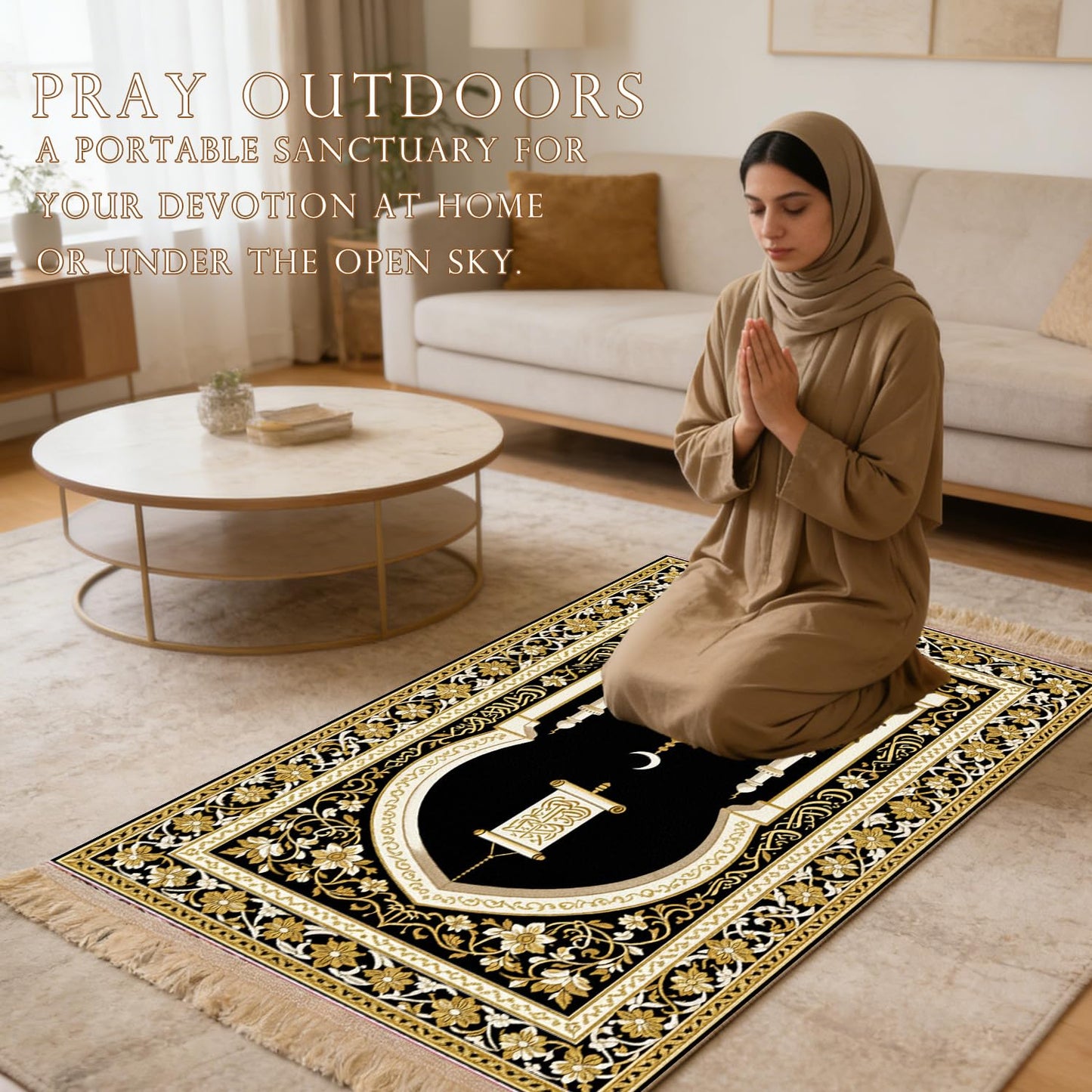 Prayer Mat Beads Ramadan Gifts - Thick Muslim Prayer Rug Islamic Tasbih Black Prayer Beads, Islamic Praying Mat Carpet for Namaz Salah Meditation Eid Decorations for Home