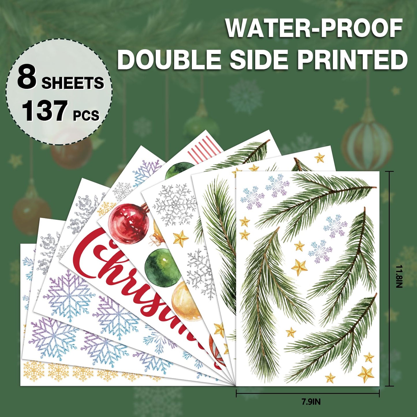 MEHOFOND Christmas Window Clings Stickers, 8 Sheets Xmas Balls Branches Snowflake Christmas Decorations, Xmas Window Decals Stickers for Home Shop Glass Windows, Winter Holiday Display Decor