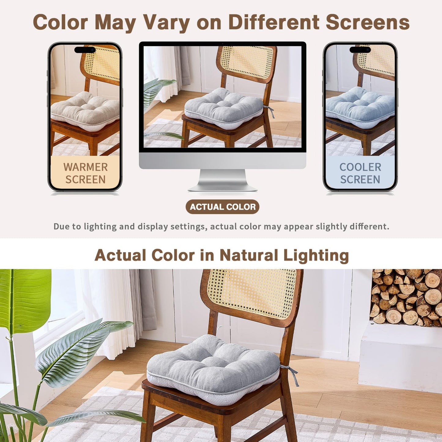 BETU Chair Cushions for Dining Chairs Set of 2,3.5" Thick Kitchen Table Chair Pads with Ties,Non Slip Backing and Covers, Seat Cushion for Dining Room,Bar,Patio Chairs,15.5"X15.5"X3.5",Light Grey