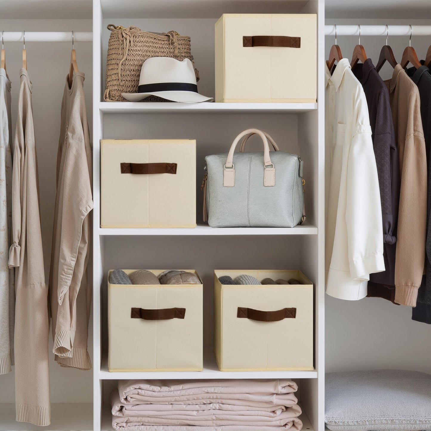 Cupic Cupid Storage Bins Closet, Fabric Closet Organizers and Storage, 6-Pack Baskets for Organizing, Large Storage Boxes with Handles for Clothes and Toys, Beige
