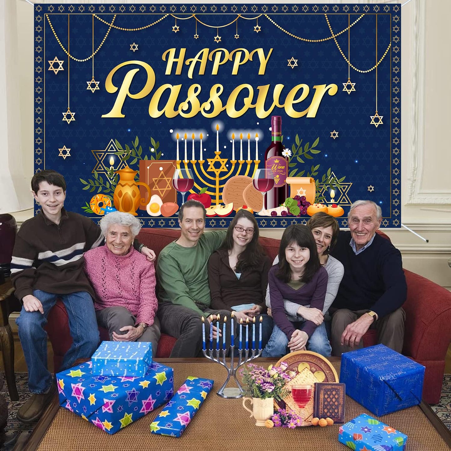 Happy Passover Banner Backdrop - 72'' x 43'' Passover Banner Decoration, Hanging Jewish Pesach Background Decor for Wedding Festive Welcome Banner Passover Party Supplies