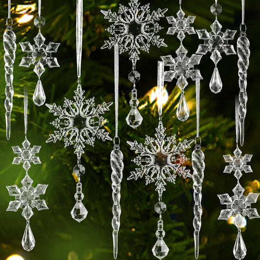 FOIMAS 25pcs Christmas Snowflake Icicle Ornament,Clear Acrylic Icicle Snowflake Drop Pendant Crystal Hanging Ornaments with Ribbon for Christmas Tree Home Decoration