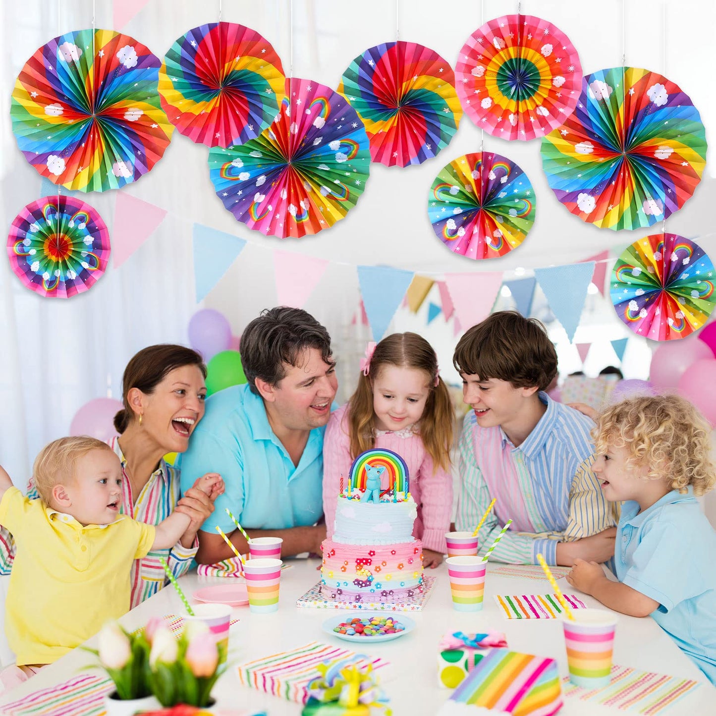 Outus 9 Pcs Rainbow Party Decorations Paper Fans Boho Classroom Bulletin Board Decor Ceiling Wall Hanging Paper Fans for Rainbow Birthday Baby Shower Party Supplies