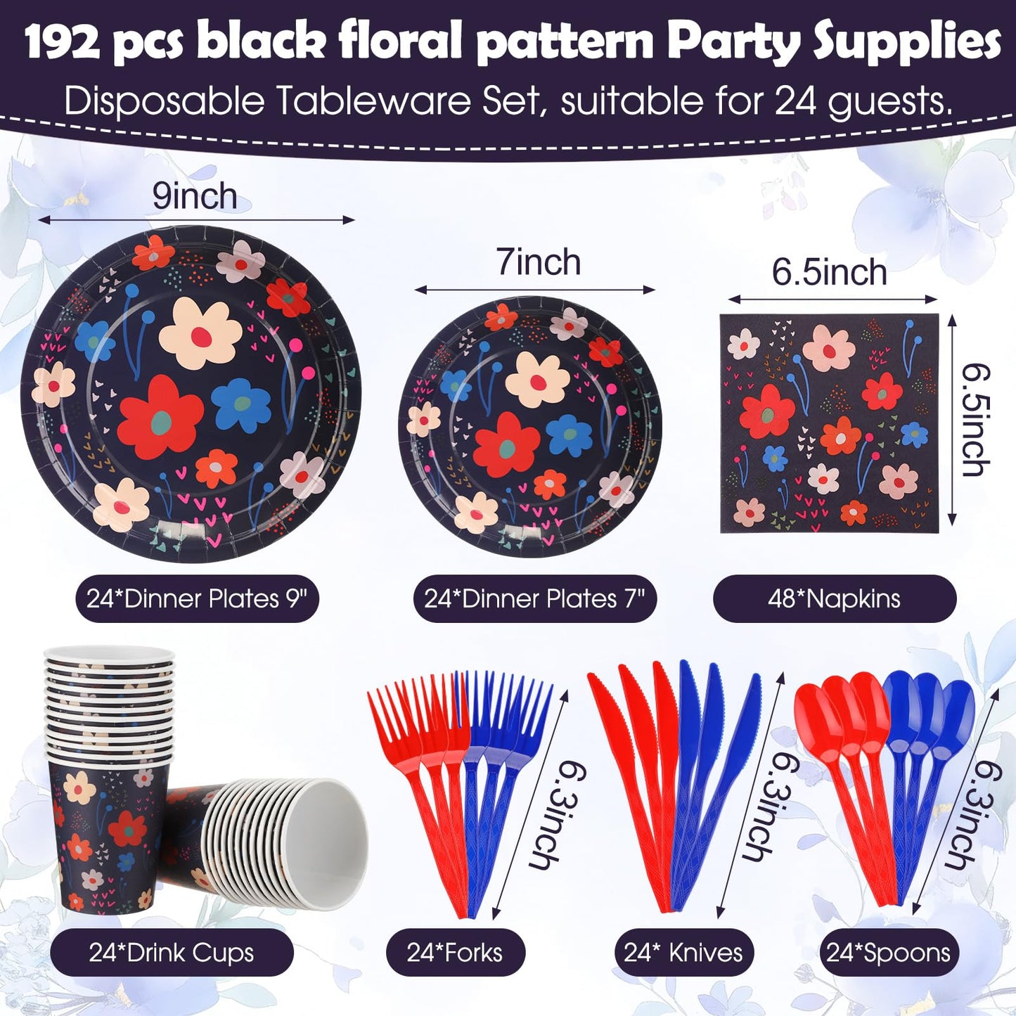 Blushtier 192 Pcs Flowers Paper Plates and Napkins Tableware Set Serves 24 Guests, Black Floral Birthday Party Supplies Disposable Plates Napkins Cups Plastic Knives Fork Spoons Party Decorations