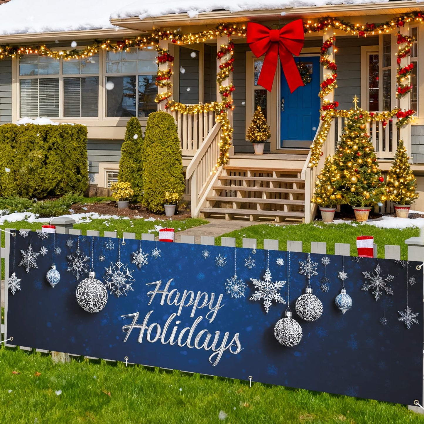 Happy Holiday swith Snowflakes and Ornaments Banner 10x3 Ft - Outdoor Christmas Decor with Interactive Illusion of Santa Emerging, Fun Holiday Display