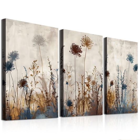 Framed Triptych Floral Canvas Prints Pictures for Bathroom Entryway, Abstract Neutral Wildflower Poster Wall Art, Minimalist Wall Decor, Made in USA for Office Living Room