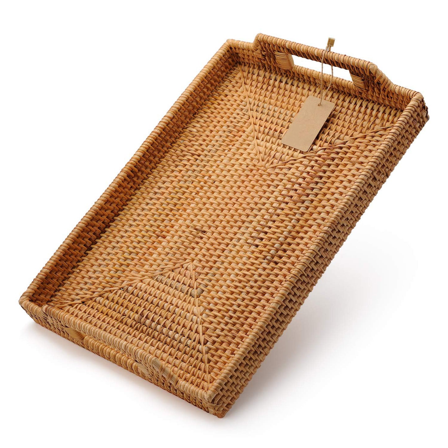 Hand-Woven Rattan Rectangular Serving Tray with Handles for Breakfast, Drinks, Snack for Coffee Table (14.5x10.2x1.4inches)