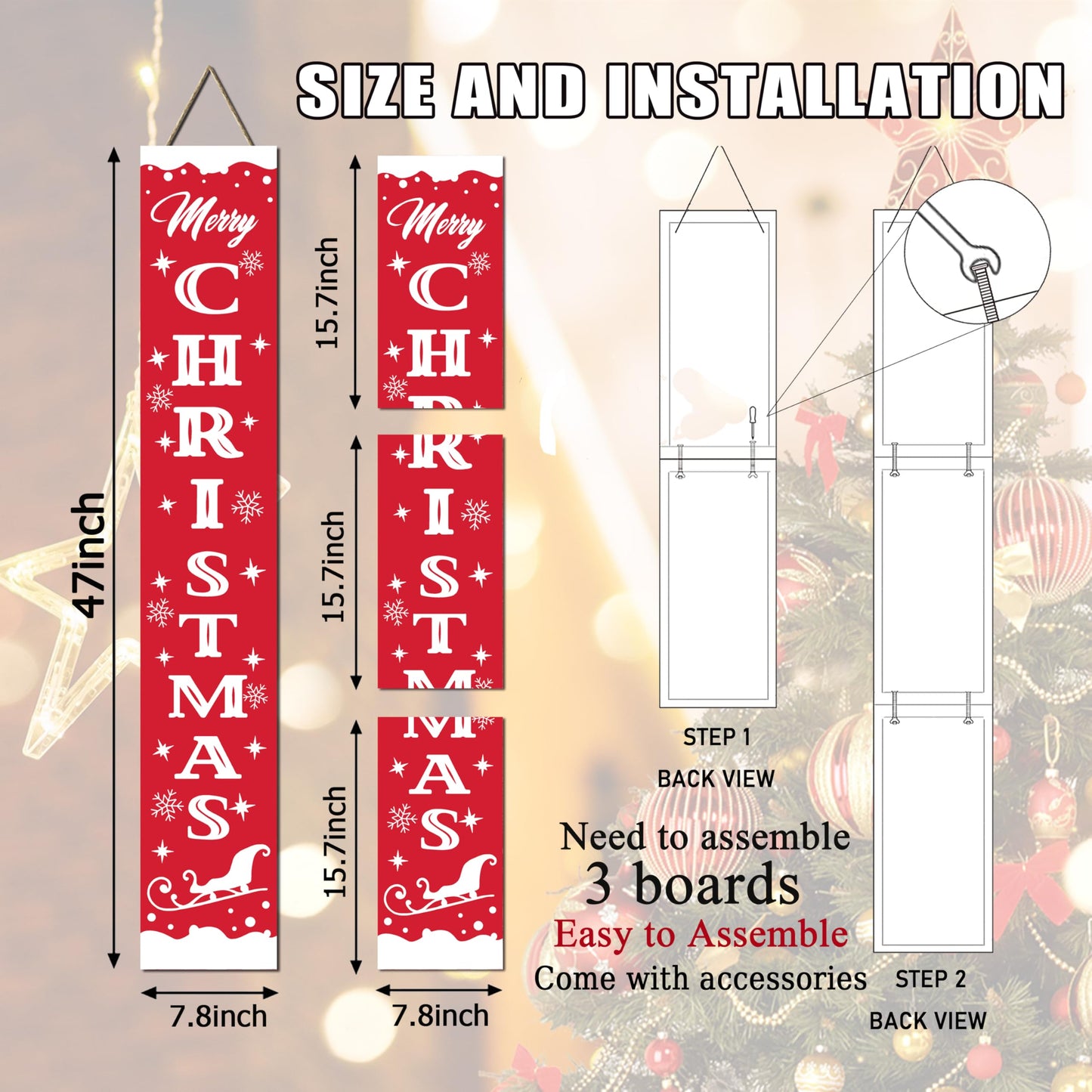 Merry Christmas Wooden Porch Sign 47" Christmas Welcome Signs Front Door Xmas Hanging Decoration Vertical Standing Signs for Home Garden Yard Farmhouse Party Decor