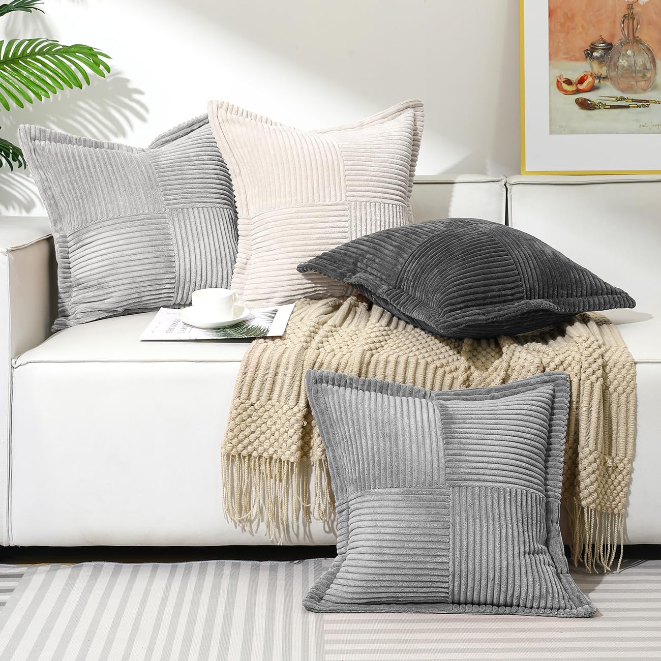 Lewondr Corduroy Throw Pillow Covers 18×18 Inch, 4 Pack Soft Square Throw Pillow Cases, Decorative Boho Striped Couch Pillow Covers for Living Room Bedroom Sofa Bed Office Cushion Cover, Gray