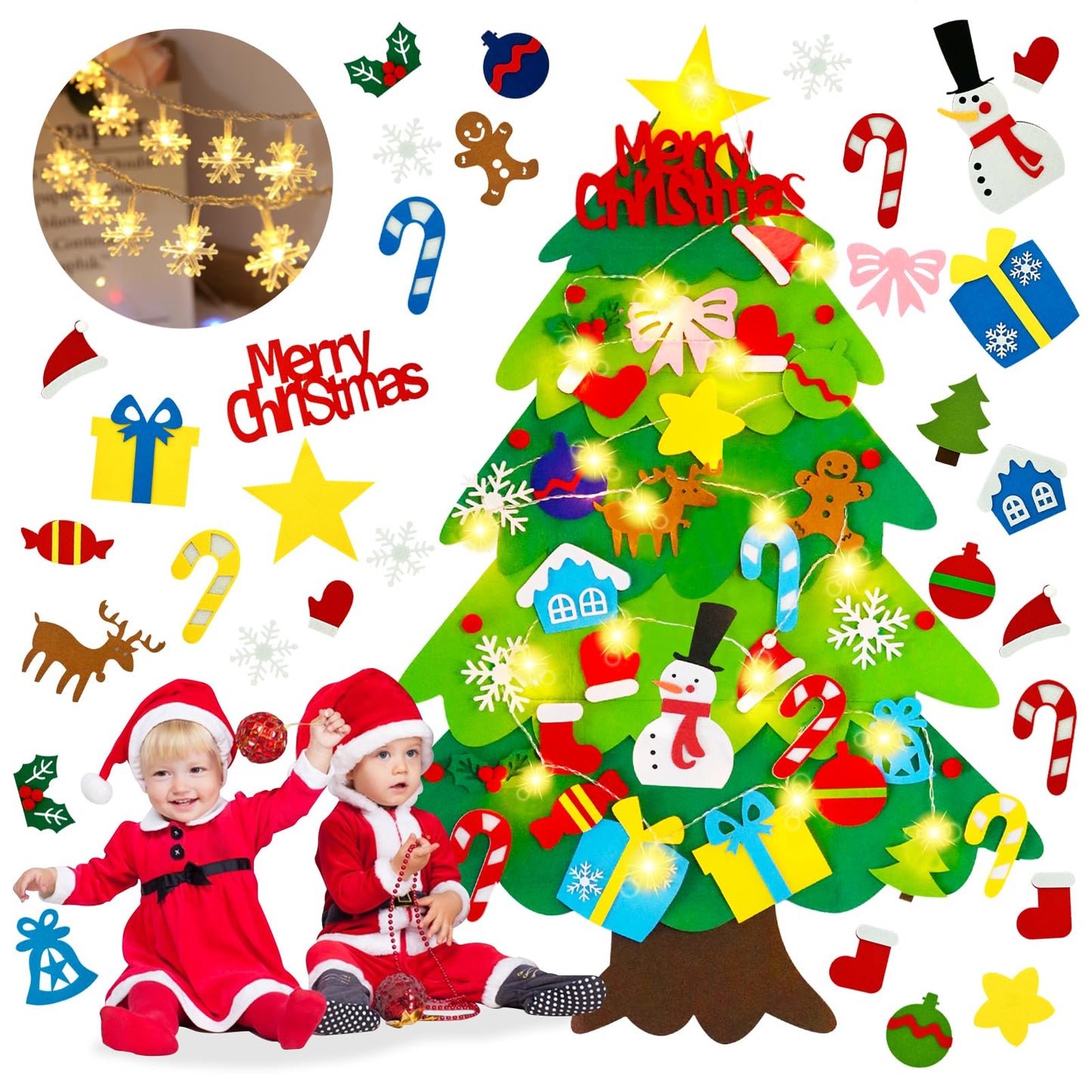 EMPOF Felt Christmas Tree for Toddlers - 3.3ft Felt DIY Tree Set for Kids Wall with Snowflake Lights + 32 Ornaments, Indoor Christmas Home Wall Hanging Decor Decorations, Xmas Activities Gifts