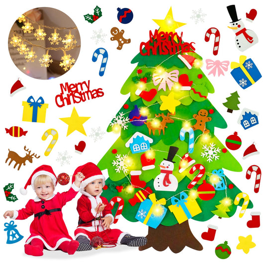 EMPOF Felt Christmas Tree for Toddlers - 3.3ft Felt DIY Tree Set for Kids Wall with Snowflake Lights + 32 Ornaments, Indoor Christmas Home Wall Hanging Decor Decorations, Xmas Activities Gifts