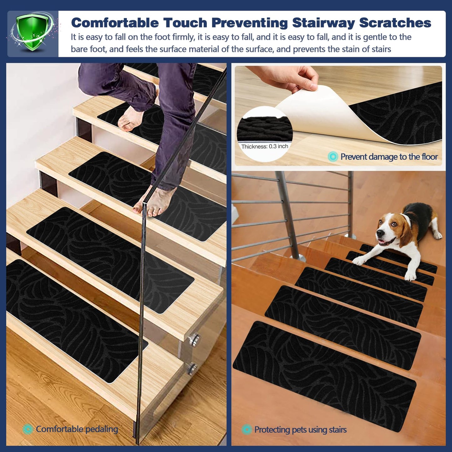 JAYFAN Non-Slip Stair Treads Mat Carpet for Wooden Steps(7/15 Pack), 21.6 x 7.4IN Self-Adhesive, Safety Indoor Stair Runner Mats, Anti Slip Stair Treads for Kids Elders and Dogs Pets